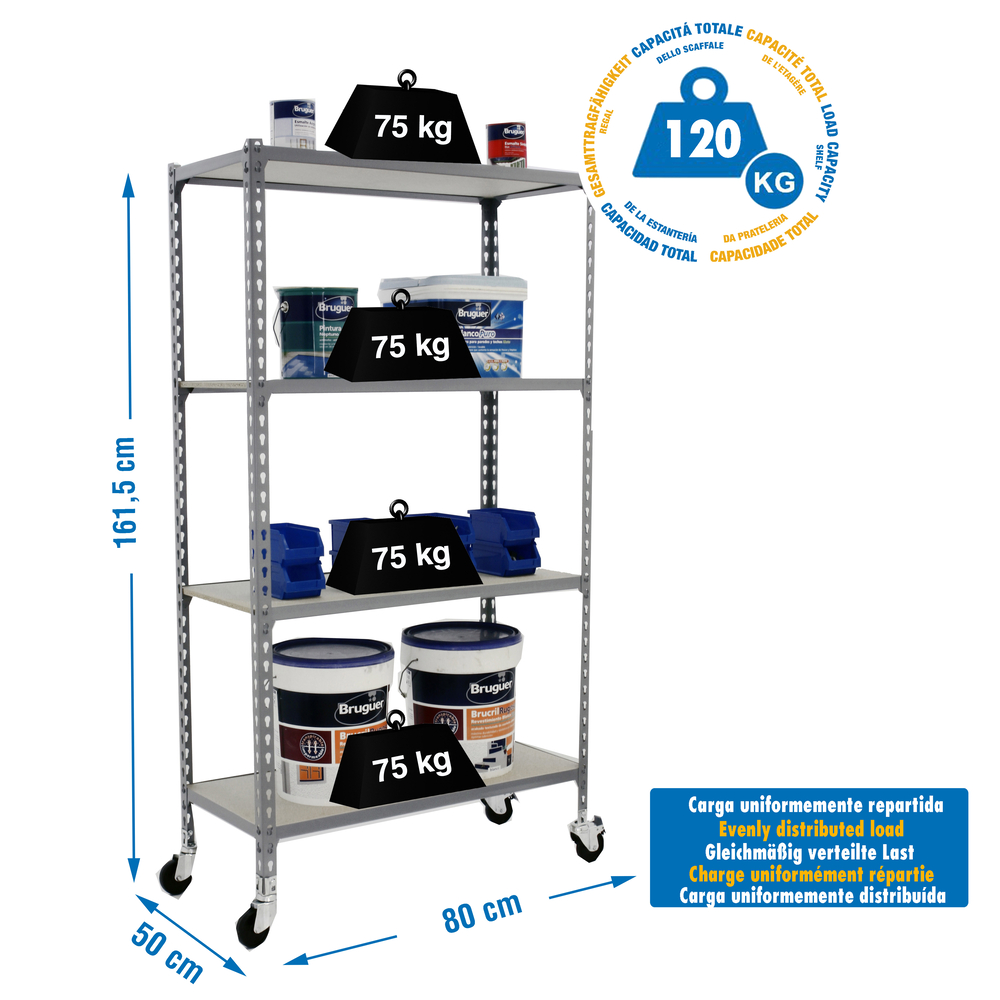 Rayonnage mobile bois-métal léger sans vis 1575x800x500 - 4 niveaux Gris/Bois - SIMON RACK - 8435104963647