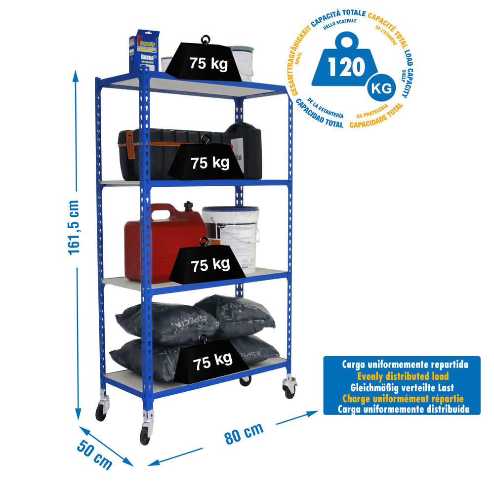 Rayonnage mobile bois-métal léger sans vis 1575x800x500 - 4 niveaux Bleu/Bois - SIMON RACK - 8435104963654