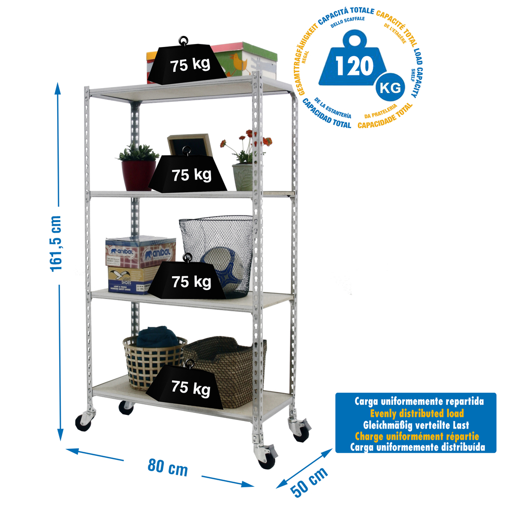 Rayonnage mobile bois-métal léger sans vis 1575x800x500 - 4 niveaux Bois - SIMON RACK - 8435104963678