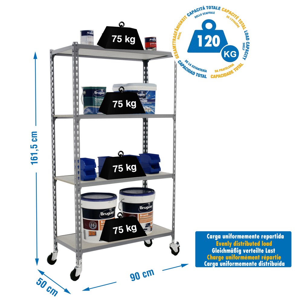 Rayonnage mobile bois-métal léger sans vis 1575x900x500 - 4 niveaux Gris/Bois - SIMON RACK - 8435104963685