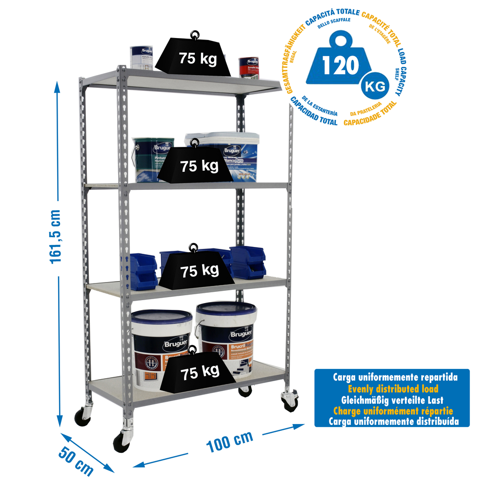 Rayonnage mobile bois-métal léger sans vis 1575x1000x500 - 4 niveaux Gris/Bois - SIMON RACK - 8435104963722