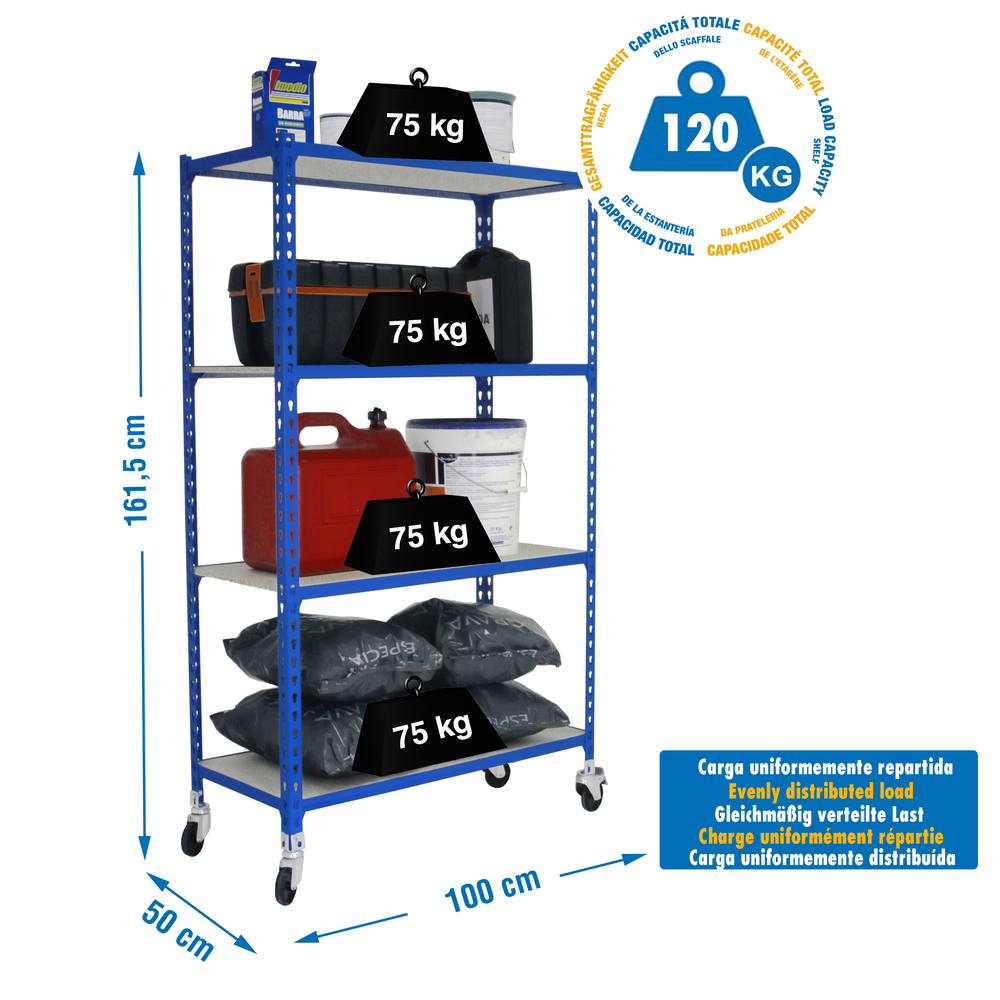Rayonnage mobile bois-métal léger sans vis 1575x1000x500 - 4 niveaux Bleu/Bois - SIMON RACK - 8435104963739