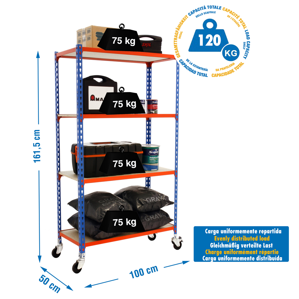 Rayonnage mobile bois-métal léger sans vis 1575x1000x500 - 4 niveaux Bleu/Orange - SIMON RACK - 8435104963746