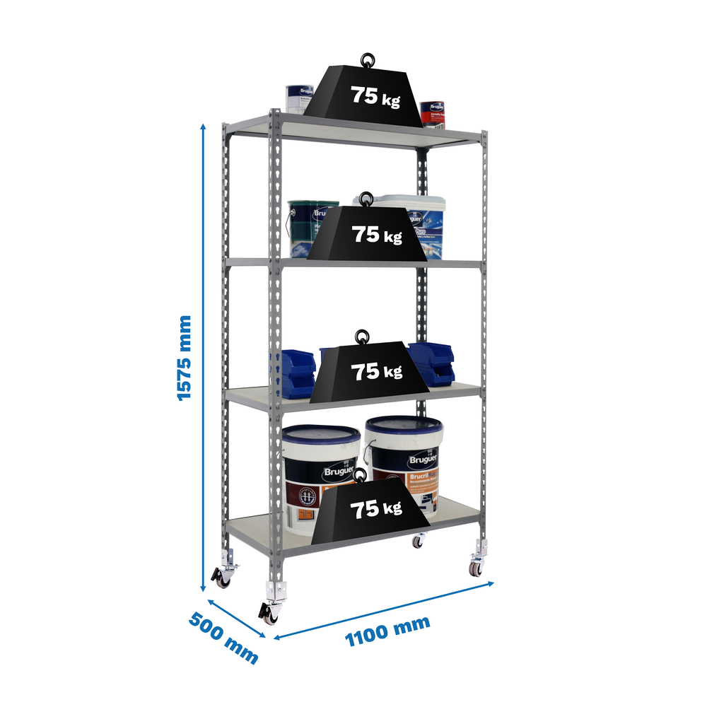Rayonnage mobile bois-métal léger sans vis 1575x1100x500 - 4 niveaux Gris - SIMON RACK - 8435104963760
