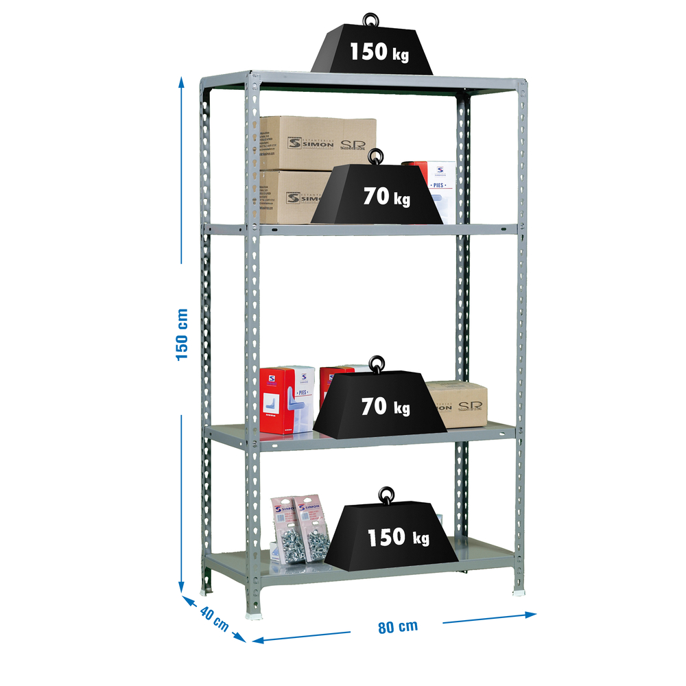 Étagère en kit charge légère sans vis 1500x800x400 - 4 niveaux Gris - SIMON RACK - 8435104972960