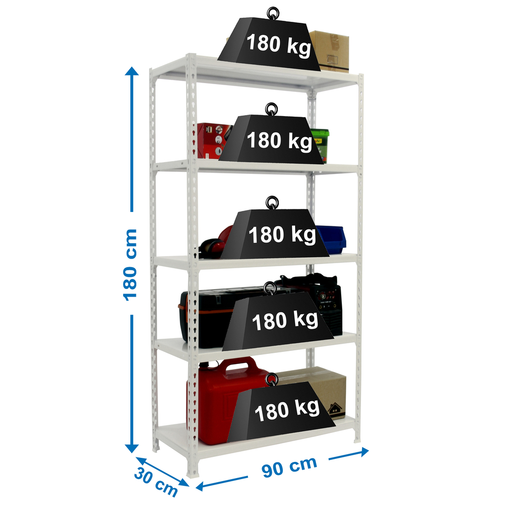 Rayonnage métallique léger sans vis 1800x900x300 - 5 niveaux Blanc - SIMON RACK - 8435104973813