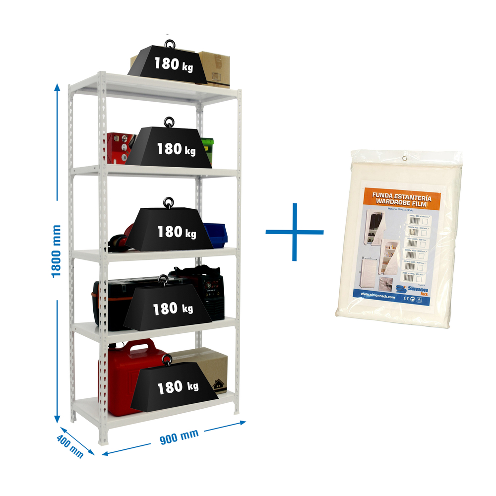 Rayonnage métallique léger sans vis 1800x900x400 - 5 niveaux Blanc - SIMON RACK - 8435104973844