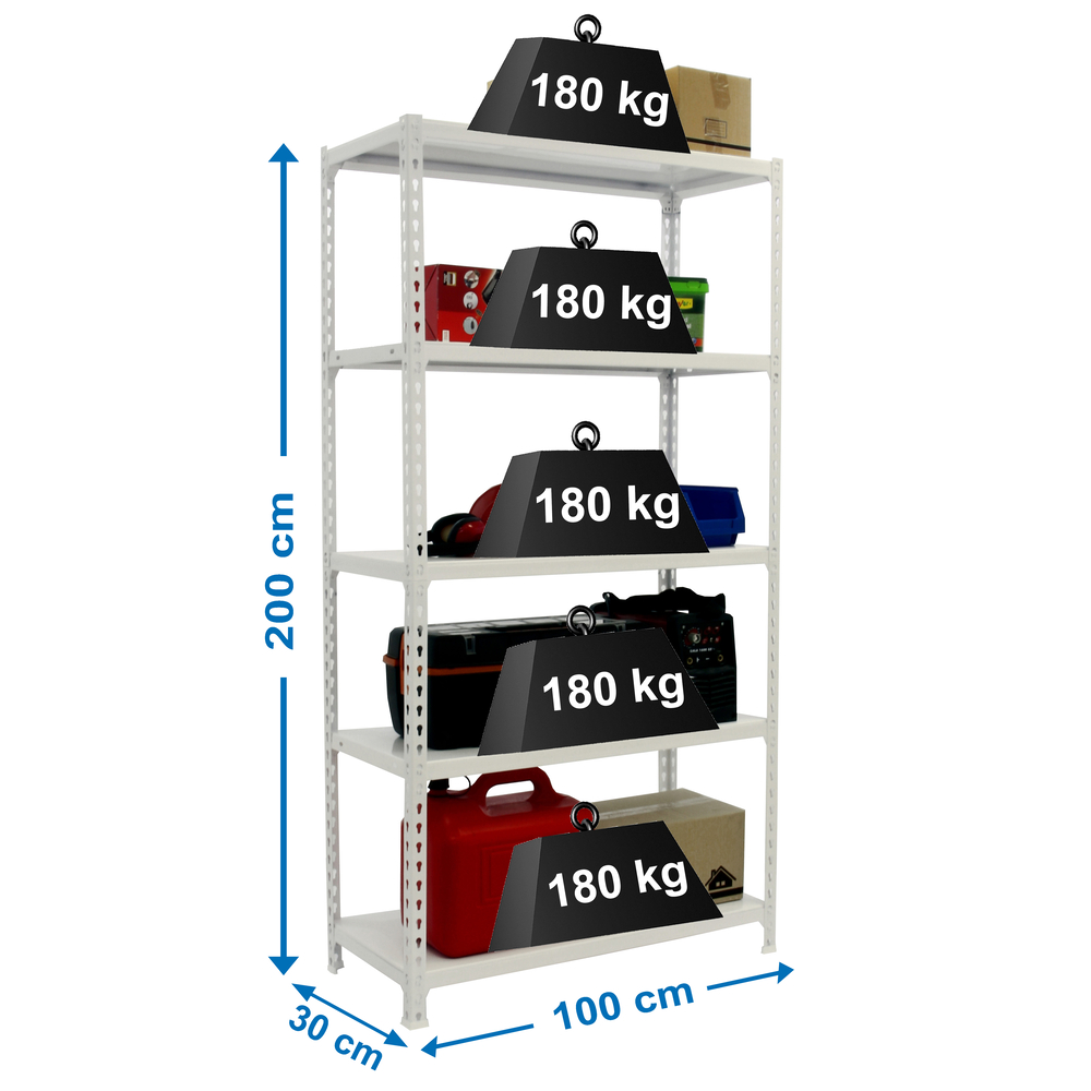 Rayonnage métallique léger sans vis 2000x1000x300 - 5 niveaux Blanc - SIMON RACK - 8435104973875