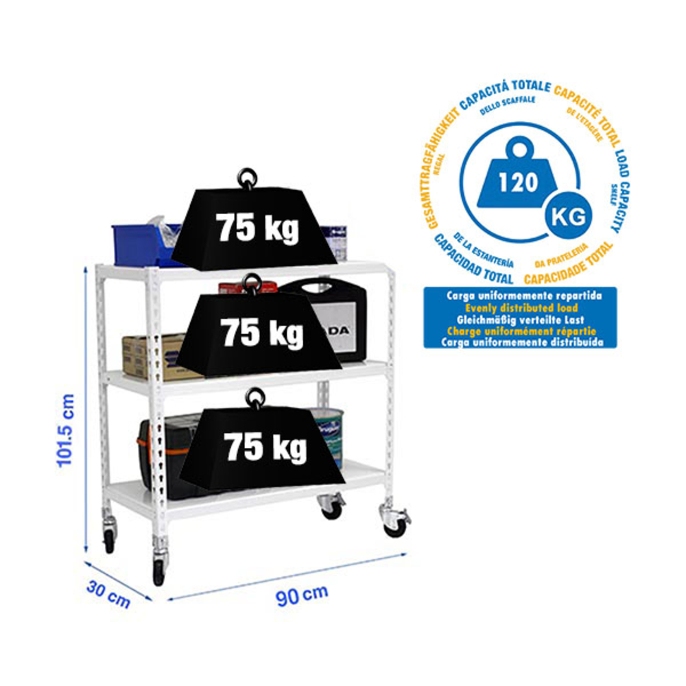 Rayonnage mobile métallique léger sans vis 975x900x300 - 3 niveaux Blanc - SIMON RACK - 8435104973967