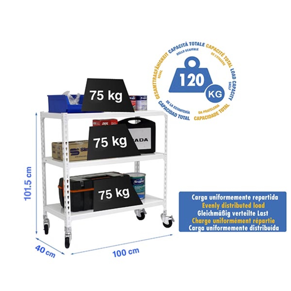 Rayonnage mobile métallique léger sans vis 975x1000x400 - 3 niveaux Blanc - SIMON RACK - 8435104974018