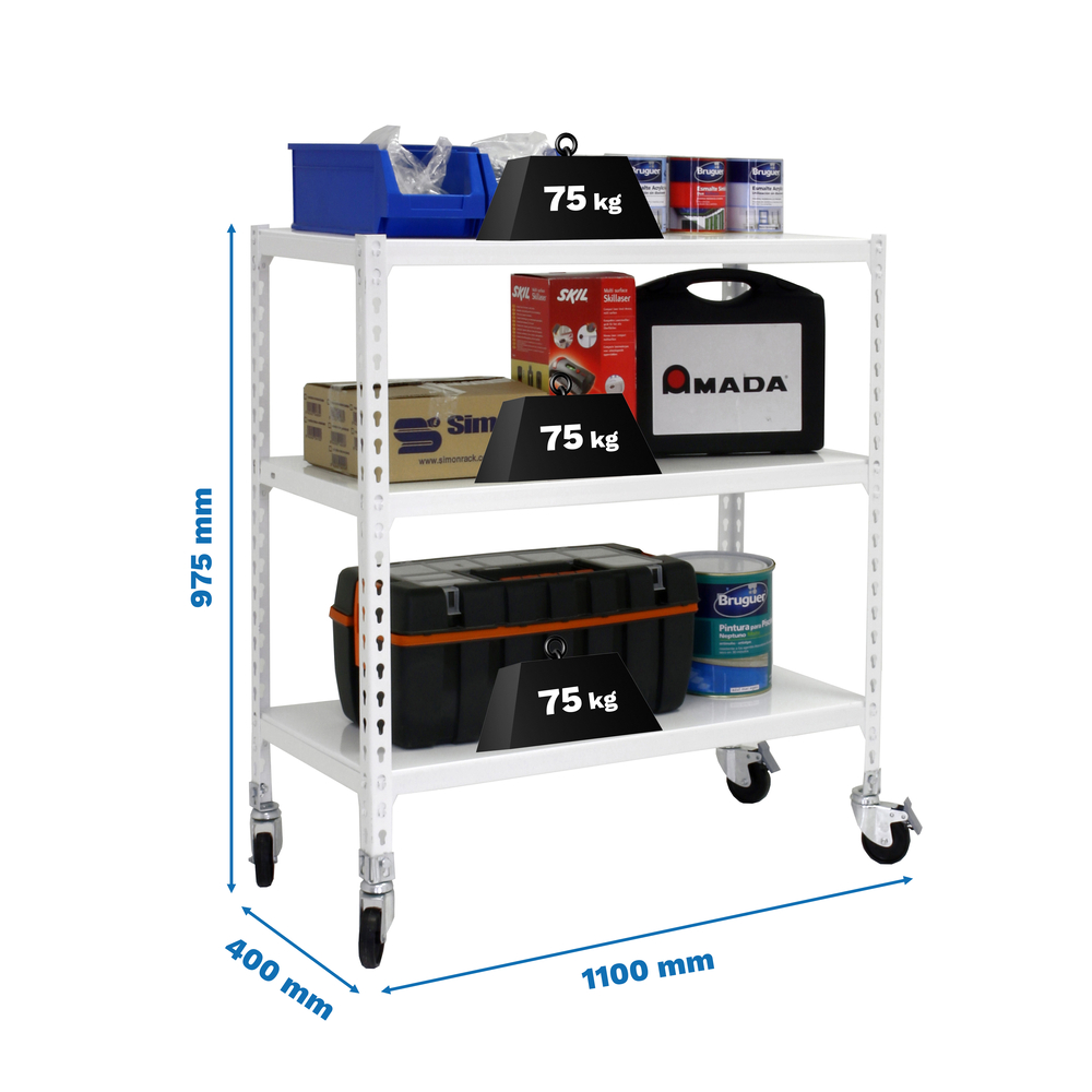 Rayonnage mobile métallique léger sans vis 975x1100x400 - 3 niveaux Blanc - SIMON RACK - 8435104974025