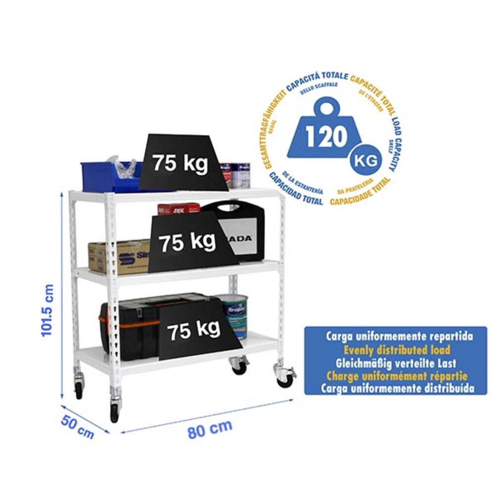 Rayonnage mobile métallique léger sans vis 975x800x500 - 3 niveaux Blanc - SIMON RACK - 8435104974032