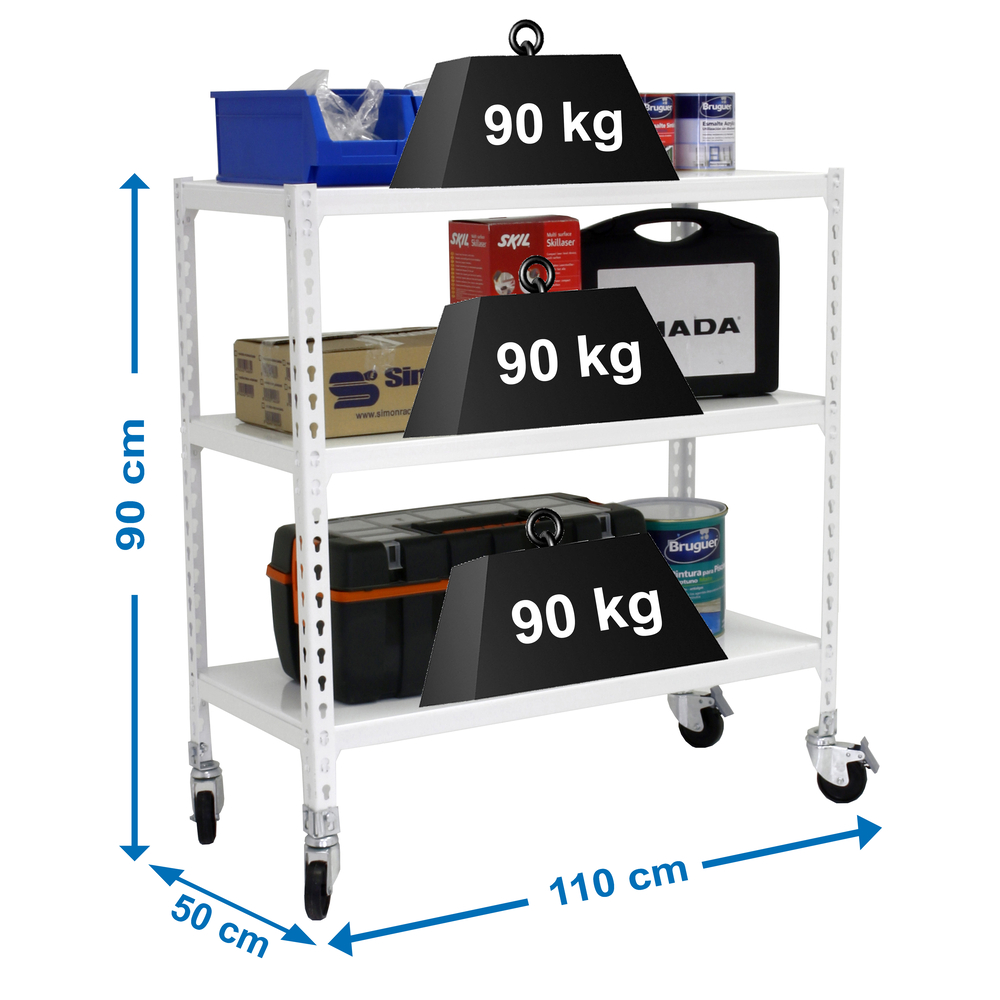 Rayonnage mobile métallique léger sans vis 975x1100x500 - 3 niveaux Blanc - SIMON RACK - 8435104974063