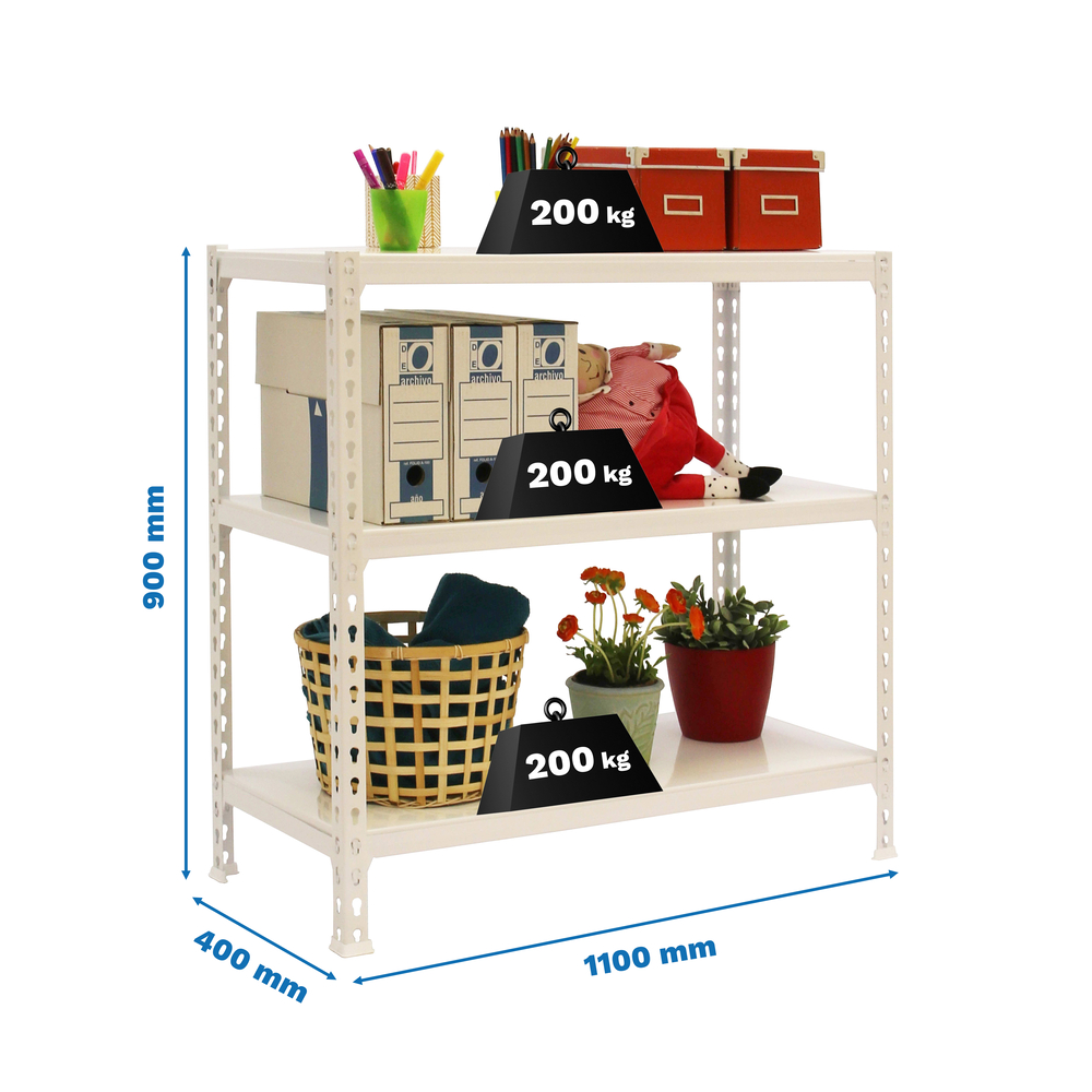 Rayonnage métallique léger sans vis 900x1100x400 - 3 niveaux Blanc - SIMON RACK - 8435104974148