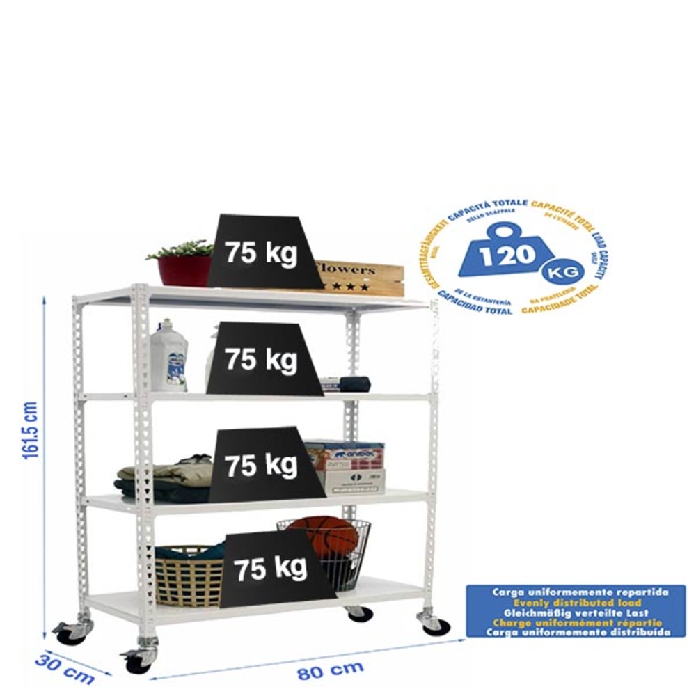Rayonnage mobile métallique léger sans vis 1575x800x300 - 4 niveaux Blanc - SIMON RACK - 8435104974193