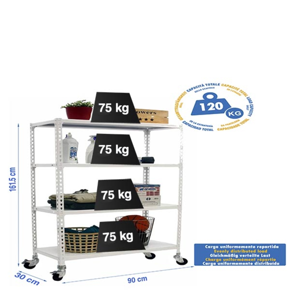 Rayonnage mobile métallique léger sans vis 1575x900x300 - 4 niveaux Blanc - SIMON RACK - 8435104974209