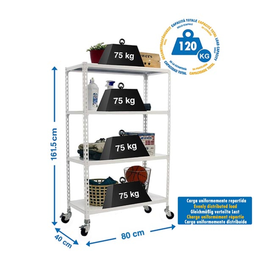 Rayonnage mobile métallique léger sans vis 1575x800x400 - 4 niveaux Blanc - SIMON RACK - 8435104974230