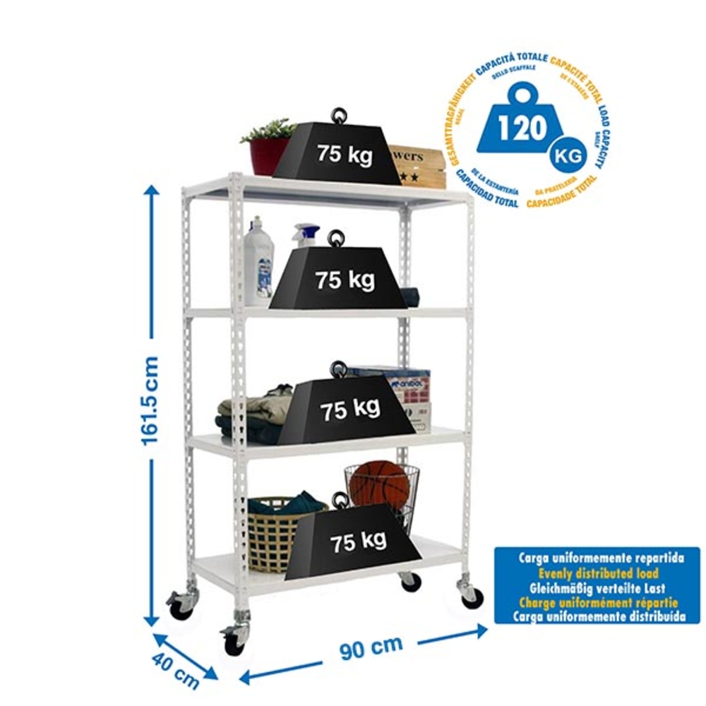 Rayonnage mobile métallique léger sans vis 1575x900x400 - 4 niveaux Blanc - SIMON RACK - 8435104974247