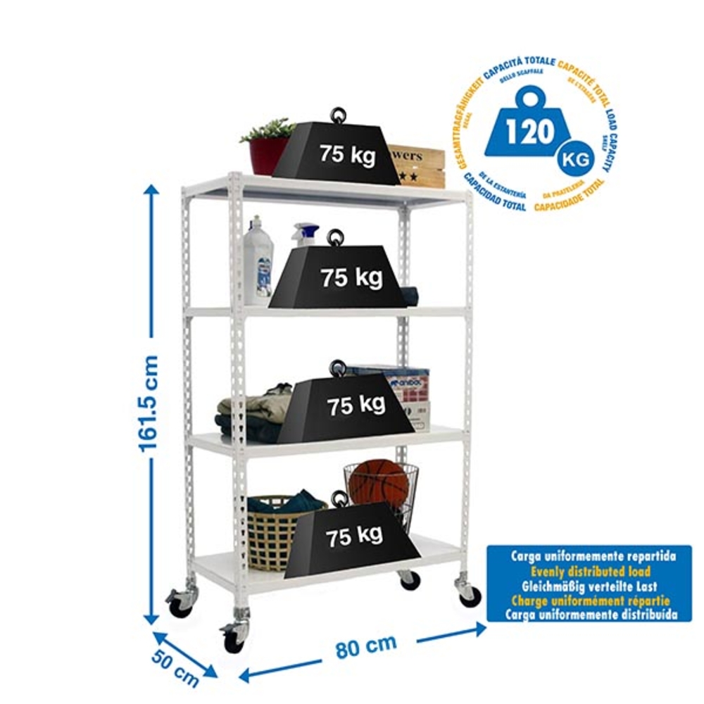 Rayonnage mobile métallique léger sans vis 1575x800x500 - 4 niveaux Blanc - SIMON RACK - 8435104974278