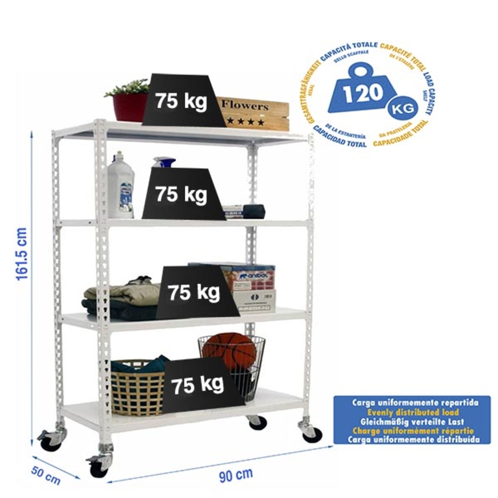 Rayonnage mobile métallique léger sans vis 1575x900x500 - 4 niveaux Blanc - SIMON RACK - 8435104974285
