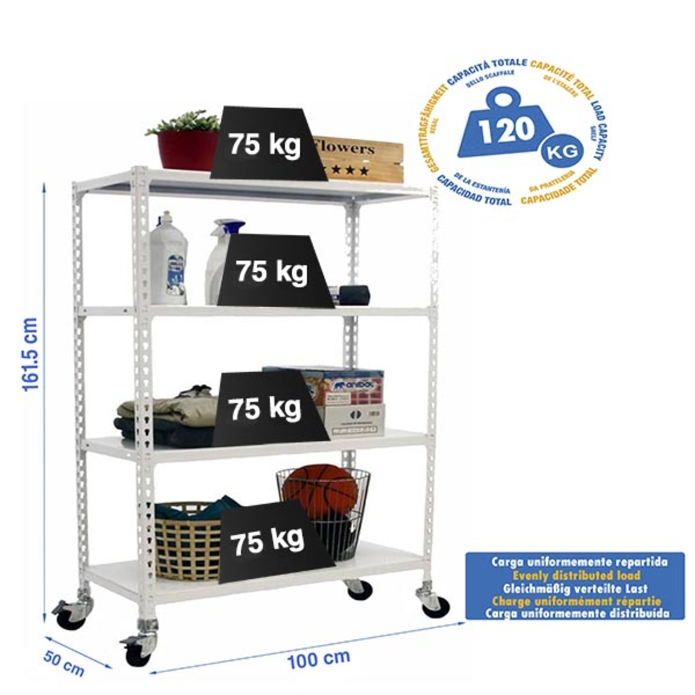 Rayonnage mobile métallique léger sans vis 1575x1000x500 - 4 niveaux Blanc - SIMON RACK - 8435104974292