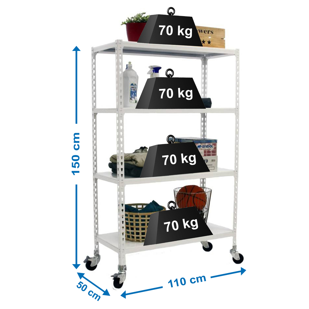 Rayonnage mobile métallique léger sans vis 1575x1100x500 - 4 niveaux Blanc - SIMON RACK - 8435104974308