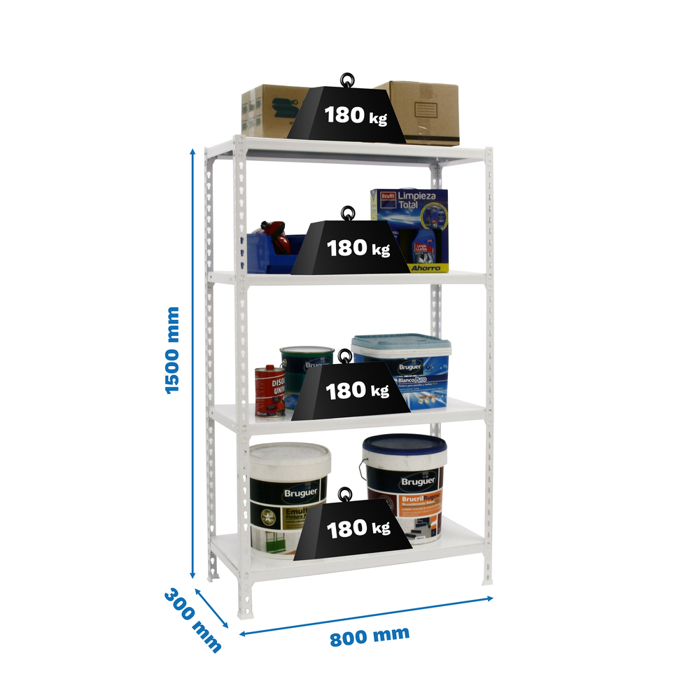 Rayonnage métallique léger sans vis 1500x800x300 - 4 niveaux Blanc - SIMON RACK - 8435104974315