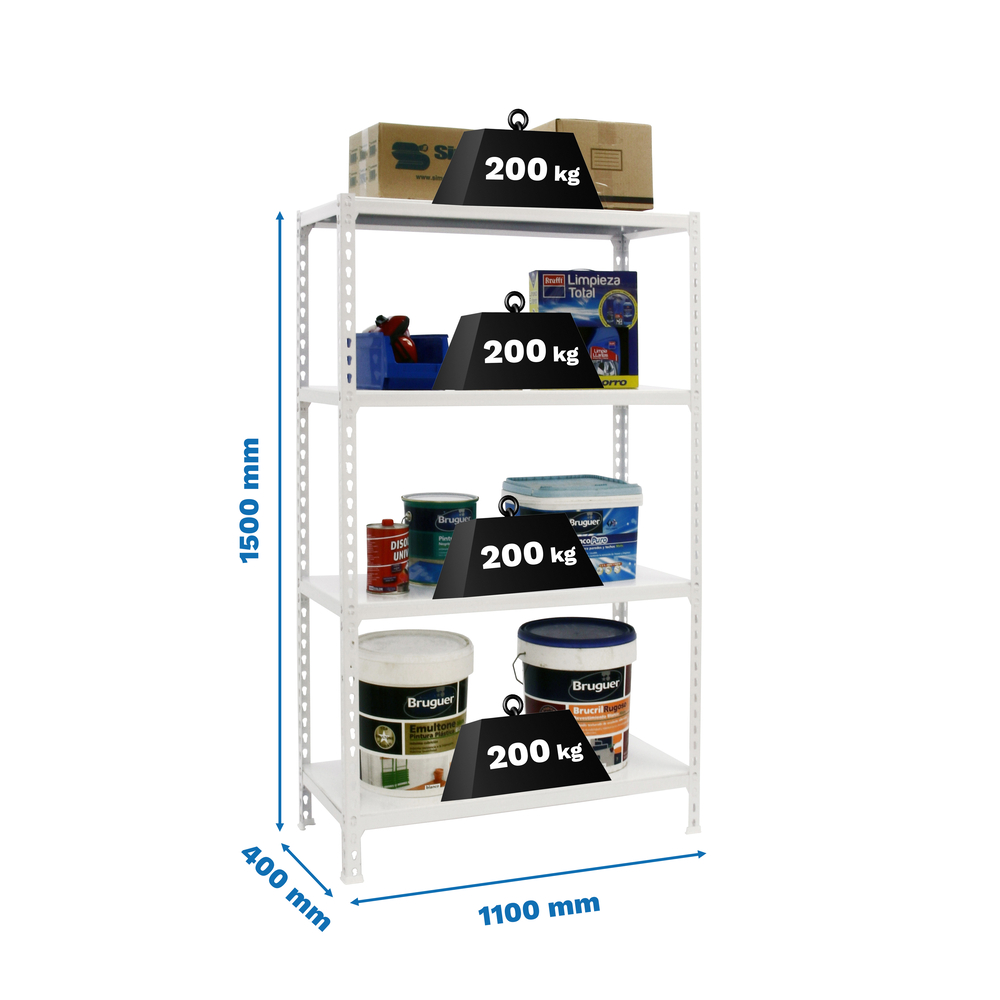 Rayonnage métallique léger sans vis 1500x1100x400 - 4 niveaux Blanc - SIMON RACK - 8435104974384