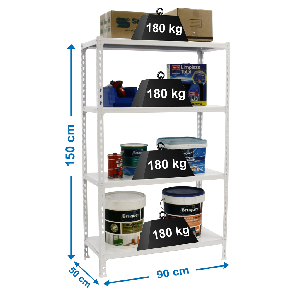 Rayonnage métallique léger sans vis 1500x900x500 - 4 niveaux Blanc - SIMON RACK - 8435104974407