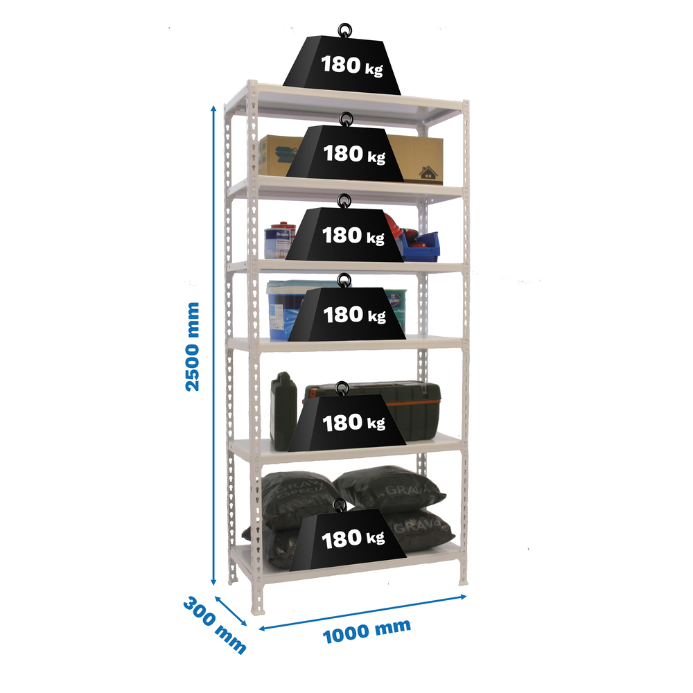 Rayonnage métallique léger sans vis 2500x1000x300 - 6 niveaux Blanc - SIMON RACK - 8435104974452