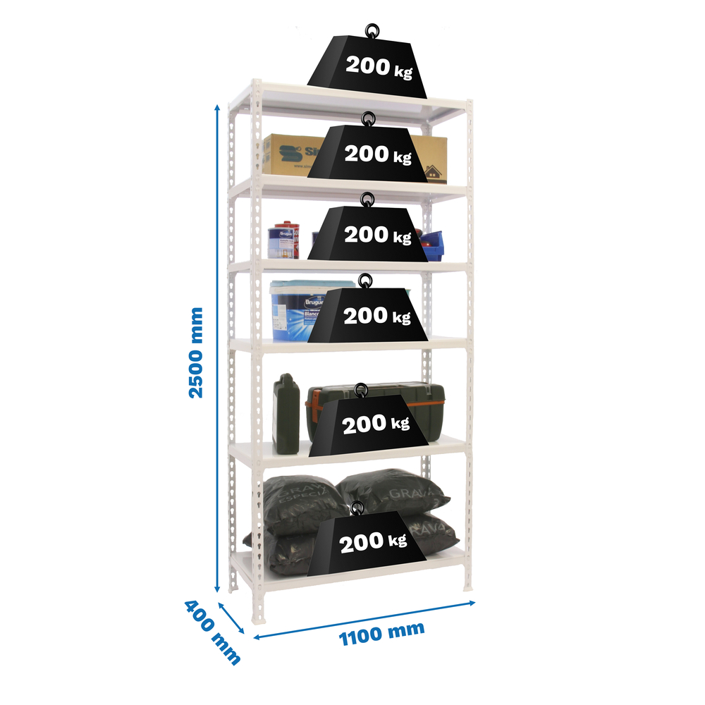 Rayonnage métallique léger sans vis 2500x1100x400 - 6 niveaux Blanc - SIMON RACK - 8435104974506