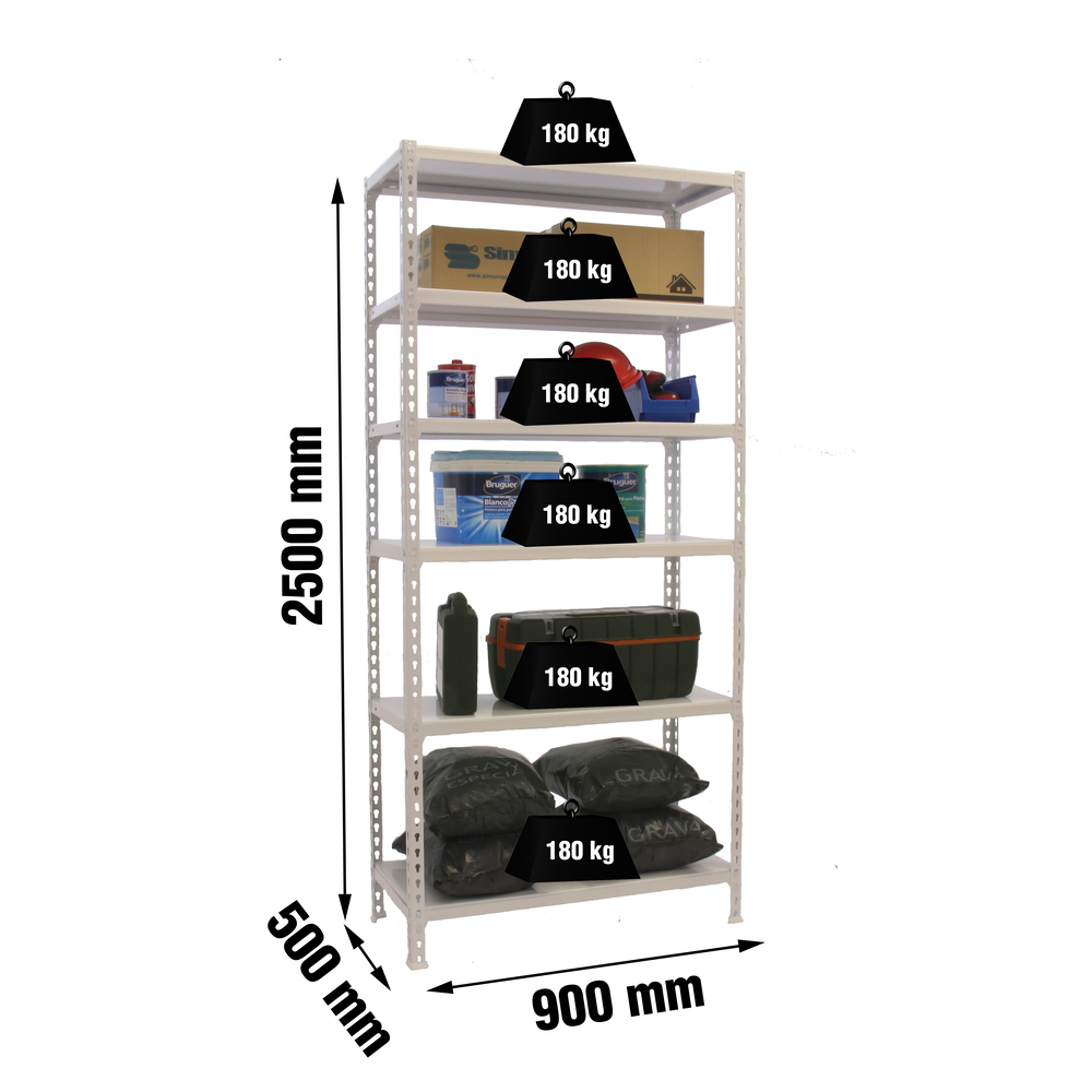 Rayonnage métallique léger sans vis 2500x900x500 - 6 niveaux Blanc - SIMON RACK - 8435104974520