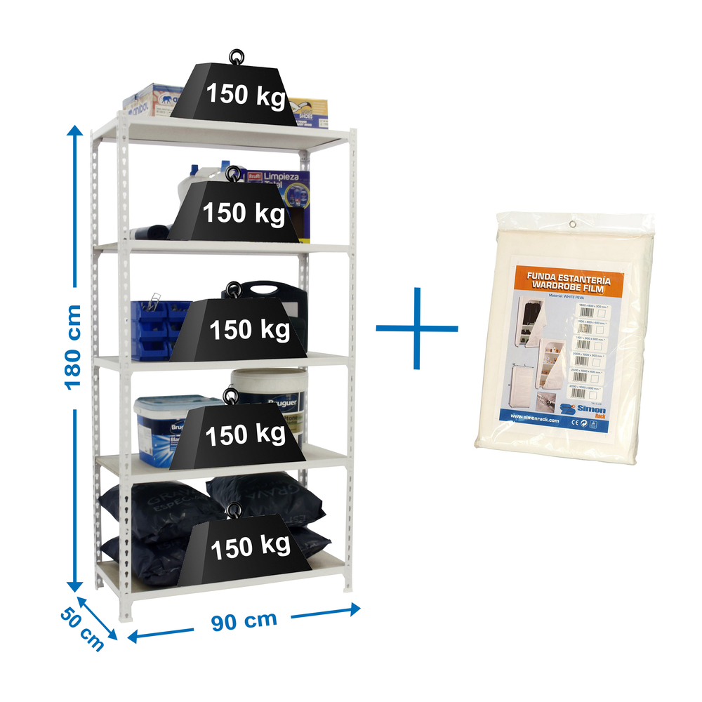 Rayonnage bois-métal léger sans vis 1800x900x500 - 5 niveaux Blanc/Bois - SIMON RACK - 8435104974629