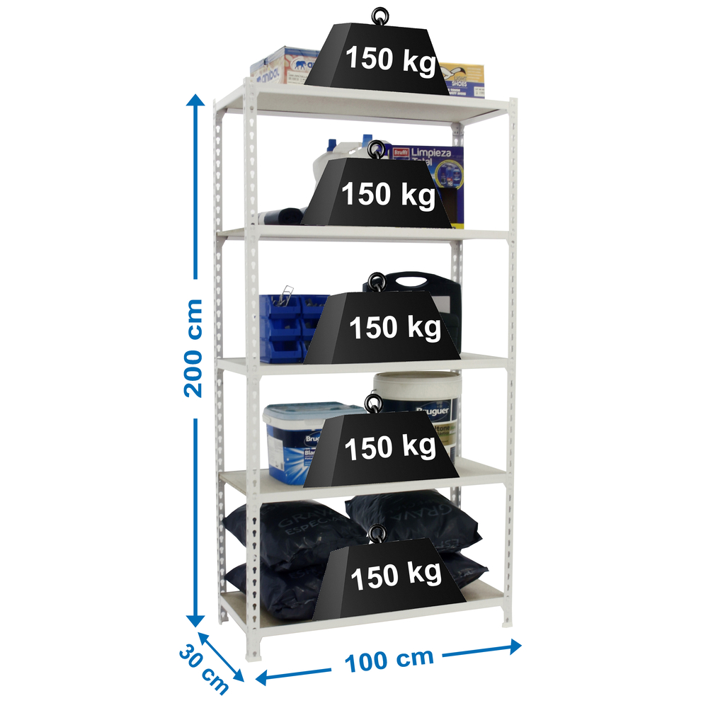 Rayonnage bois-métal léger sans vis 2000x1000x300 - 5 niveaux Blanc/Bois - SIMON RACK - 8435104974636