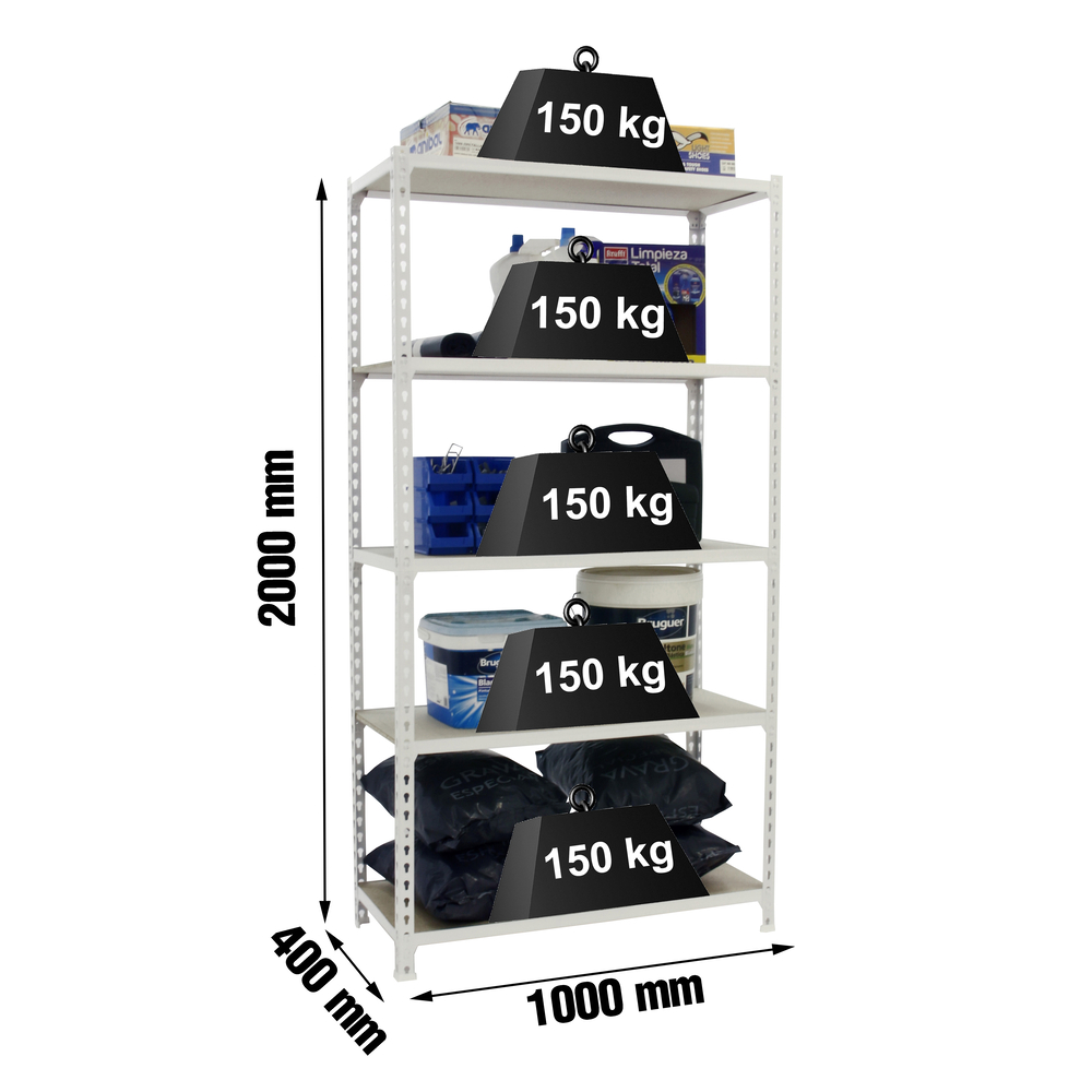 Rayonnage bois-métal léger sans vis 2000x1000x400 - 5 niveaux Blanc/Bois - SIMON RACK - 8435104974667