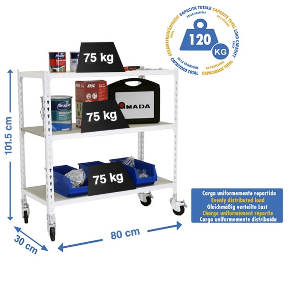 Rayonnage mobile bois-métal léger sans vis 975x800x300 - 3 niveaux Blanc/Bois - SIMON RACK - 8435104974711