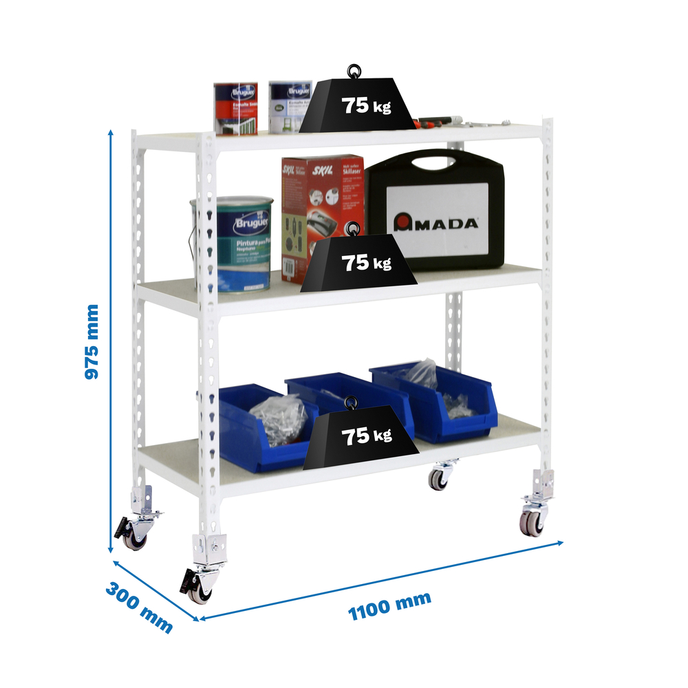 Rayonnage mobile bois-métal léger sans vis 975x1100x300 - 3 niveaux Blanc/Bois - SIMON RACK - 8435104974742