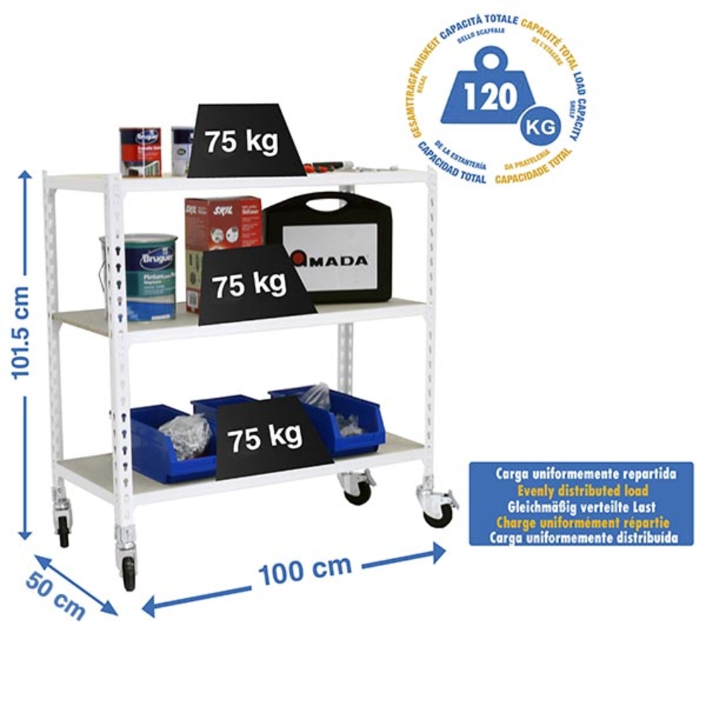 Rayonnage mobile bois-métal léger sans vis 975x1000x500 - 3 niveaux Blanc/Bois - SIMON RACK - 8435104974810