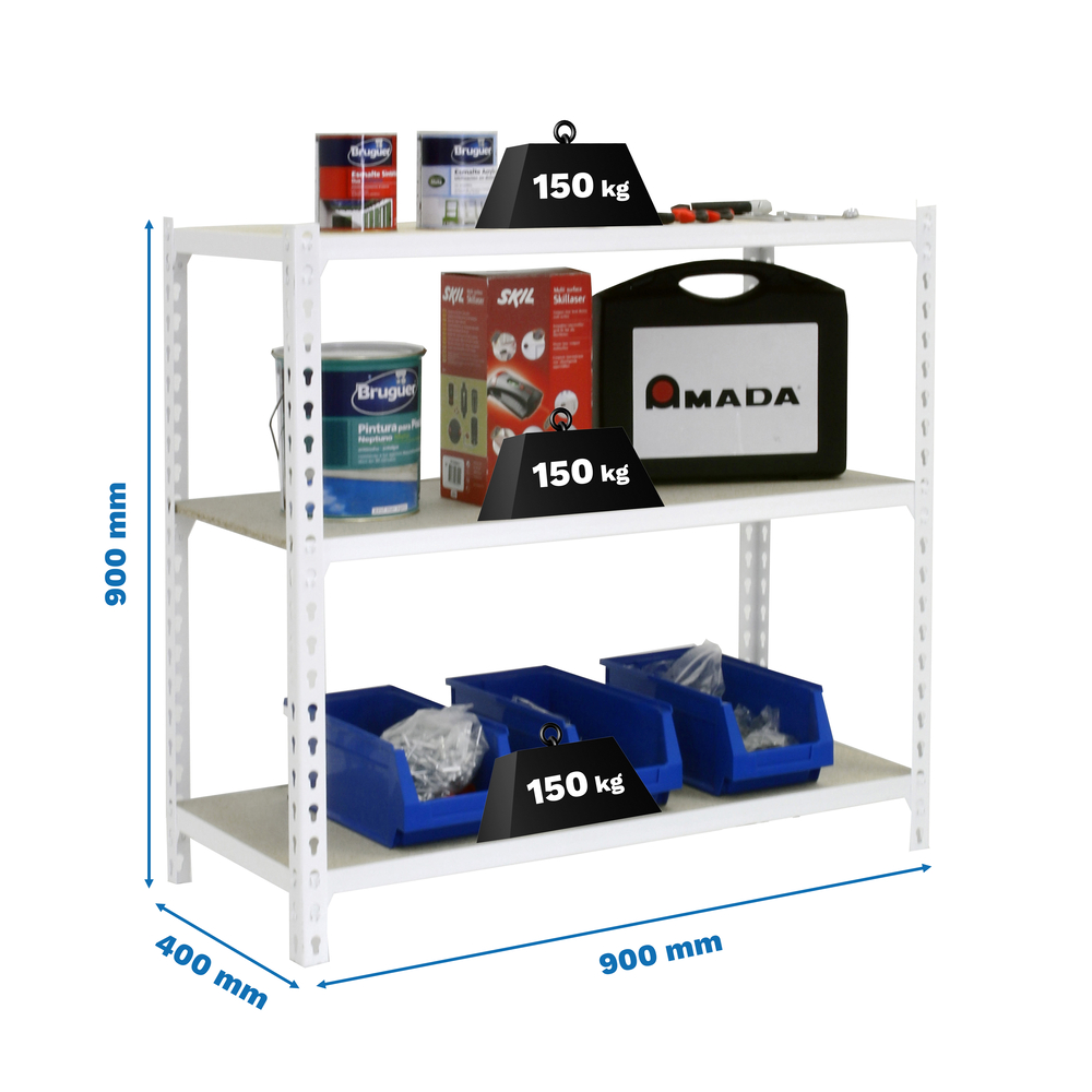 Rayonnage bois-métal léger sans vis 900x900x400 - 3 niveaux Blanc/Bois - SIMON RACK - 8435104974889
