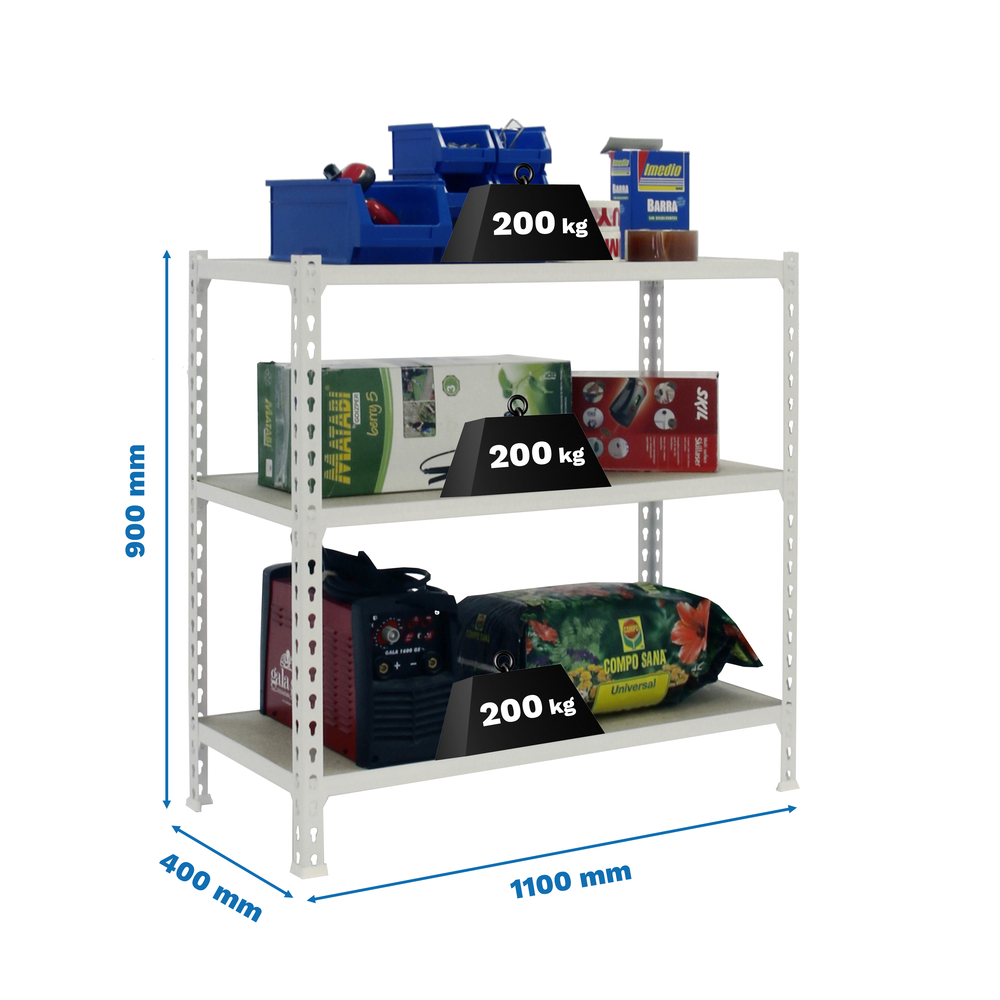 Rayonnage bois-métal léger sans vis 900x1100x400 - 3 niveaux Blanc/Bois - SIMON RACK - 8435104974902