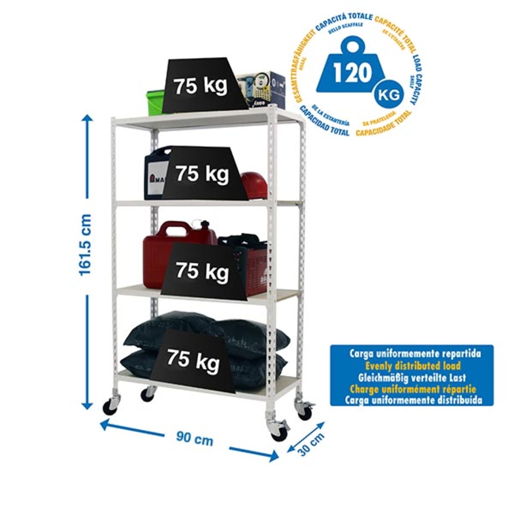 Rayonnage mobile bois-métal léger sans vis 1575x900x300 - 4 niveaux Blanc/Bois - SIMON RACK - 8435104974964