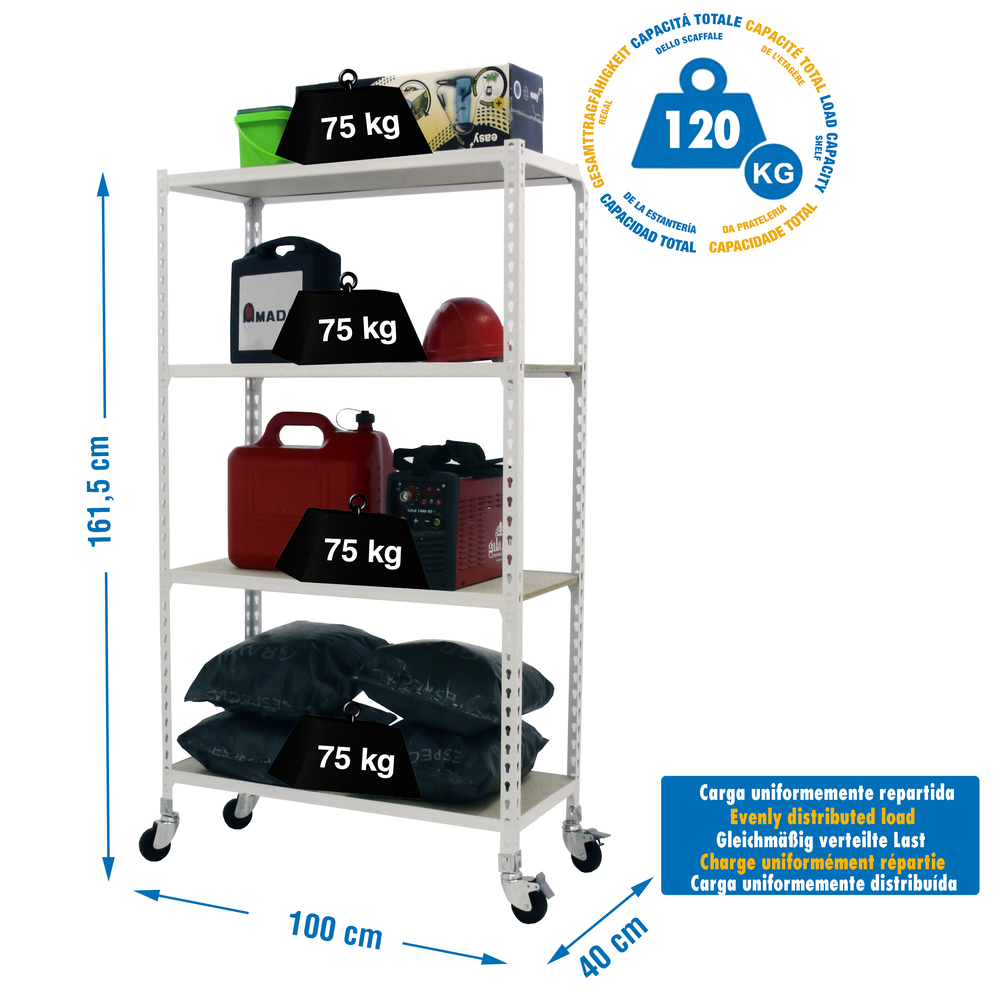 Rayonnage mobile bois-métal léger sans vis 1575x1000x400 - 4 niveaux Blanc/Bois - SIMON RACK - 8435104975015