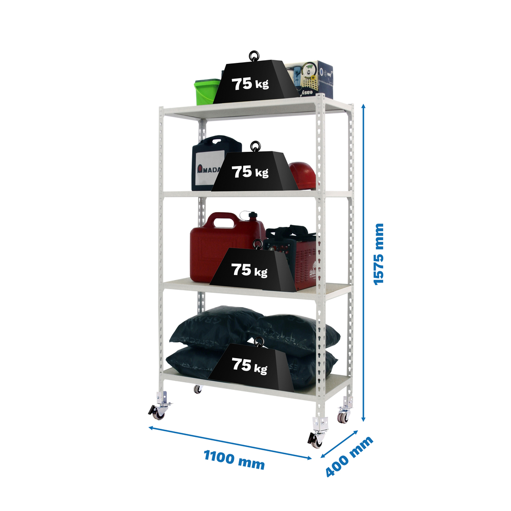Rayonnage mobile bois-métal léger sans vis 1575x1100x400 - 4 niveaux Blanc/Bois - SIMON RACK - 8435104975022