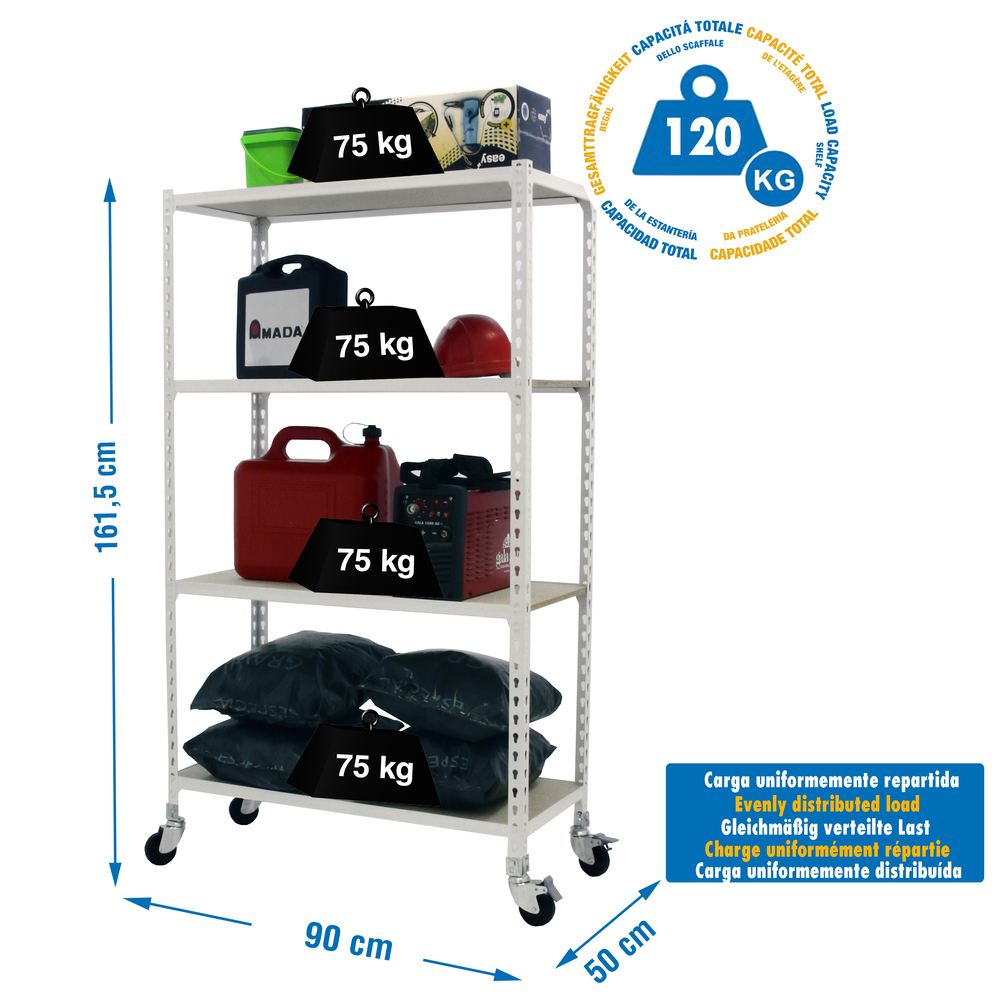 Rayonnage mobile bois-métal léger sans vis 1575x900x500 - 4 niveaux Blanc/Bois - SIMON RACK - 8435104975046