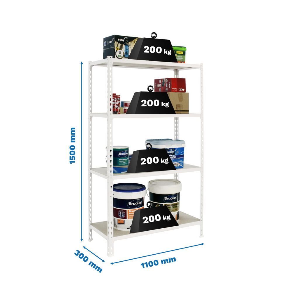 Rayonnage bois-métal léger sans vis 1500x1100x300 - 4 niveaux Blanc/Bois - SIMON RACK - 8435104975107