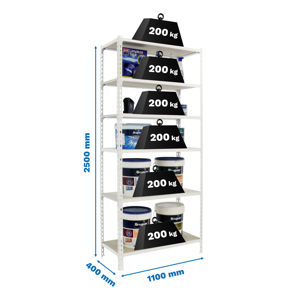 Rayonnage bois-métal léger sans vis 2500x1100x400 - 6 niveaux Blanc/Bois - SIMON RACK - 8435104975268