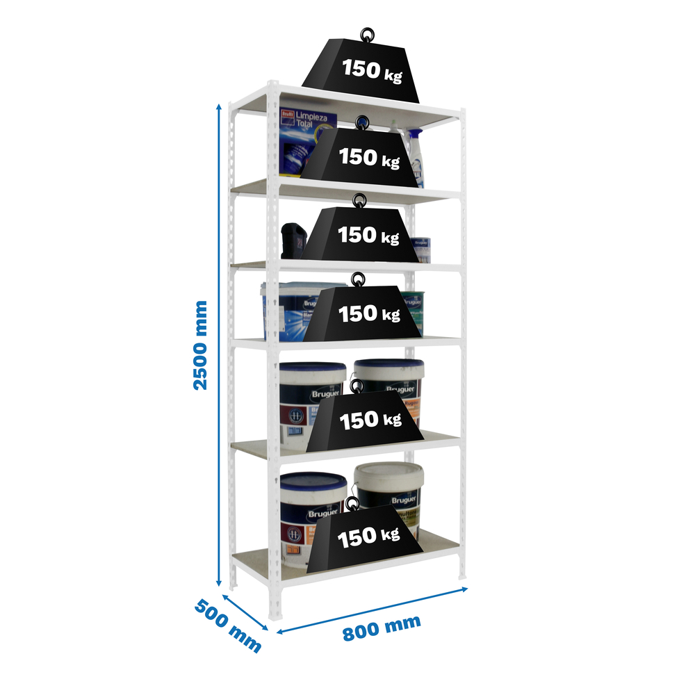 Rayonnage bois-métal léger sans vis 2500x800x500 - 6 niveaux Blanc/Bois - SIMON RACK - 8435104975275