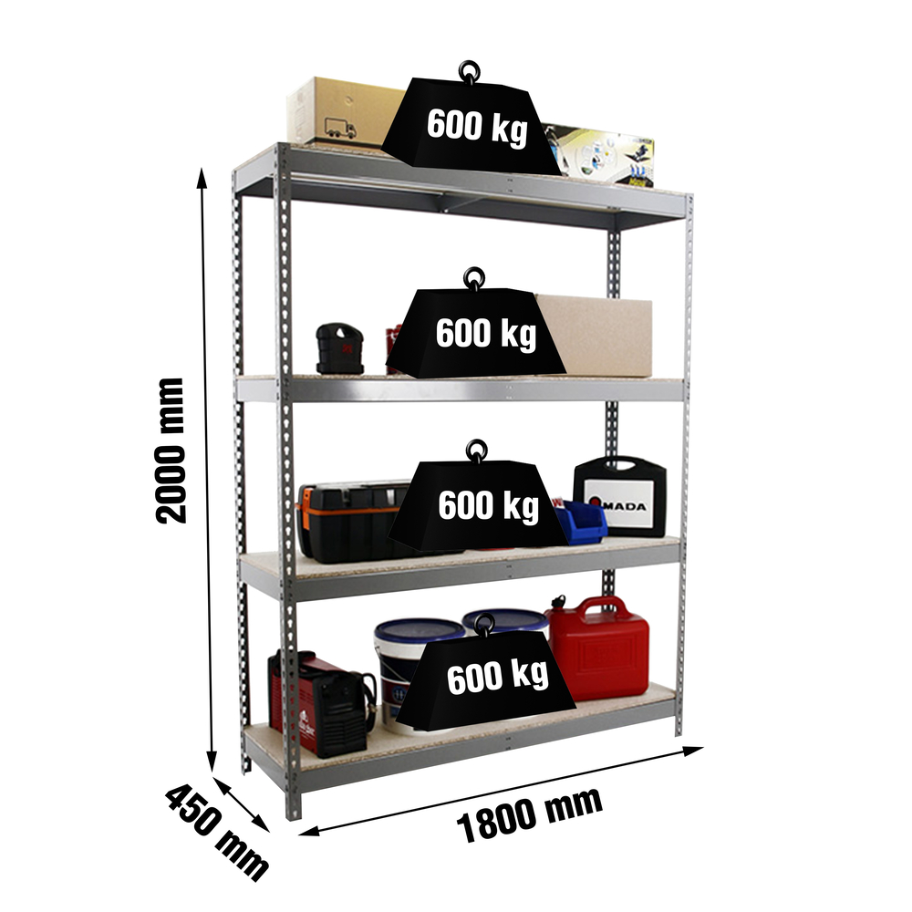 Étagère charge moyenne 500 à 600kg - 2000x1800x450 - 4 niveaux Gris/Bois - SIMON RACK - 8435104975749