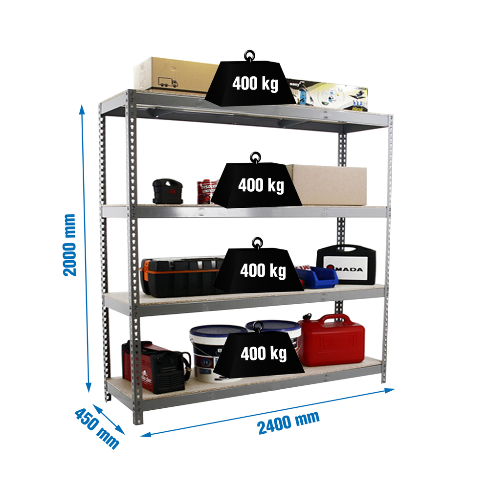 Étagère charge moyenne 500 à 600kg - 2000x2400x450 - 4 niveaux Gris/Bois - SIMON RACK - 8435104975770