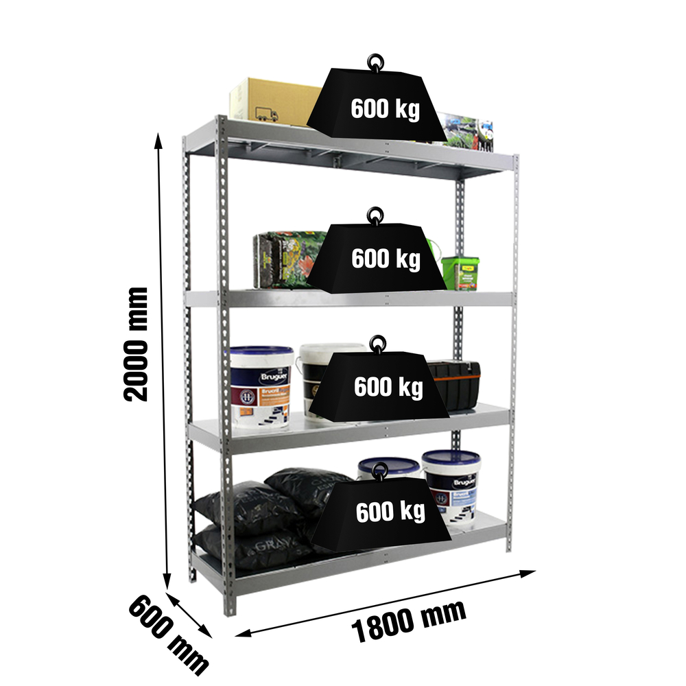 Étagère charge moyenne 500 à 600kg - 2000x1800x600 - 4 niveaux Gris - SIMON RACK - 8435104975848